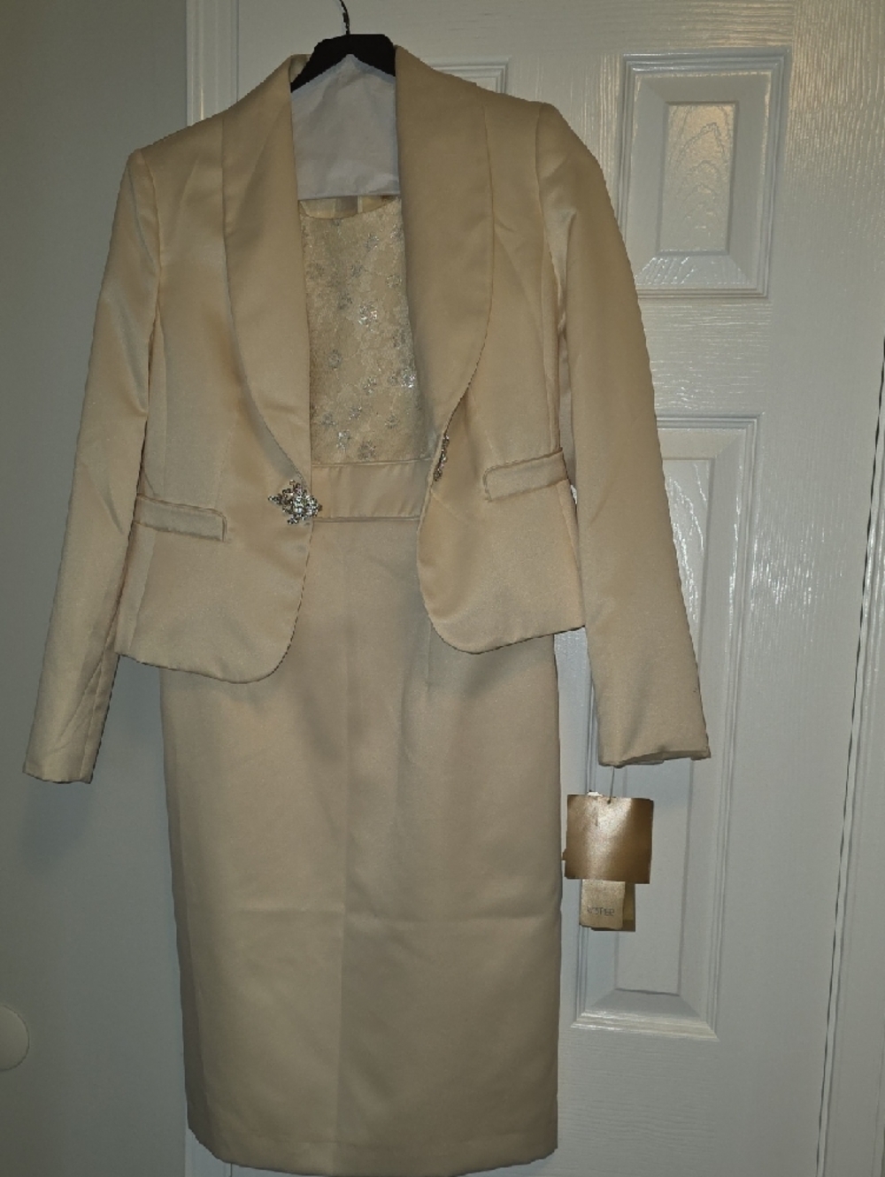 Kasper Cream Satin Two-Piece Dress with Jeweled Jacket - Picture 7 of 9